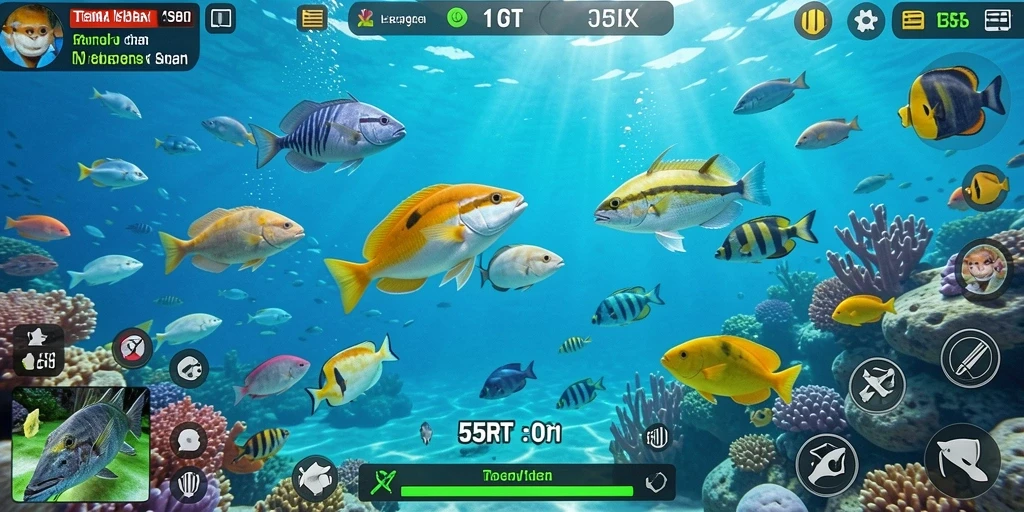 Screenshot gameplay 55RT menampilkan aksi seru menembak ikan.
