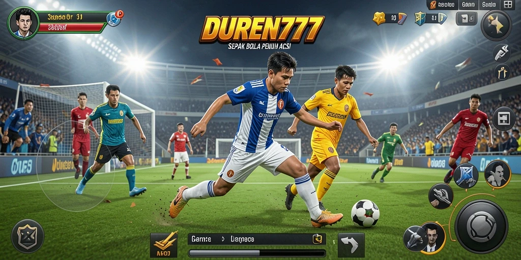 Screenshot gameplay DUREN777 menampilkan pertandingan sepak bola yang intens.