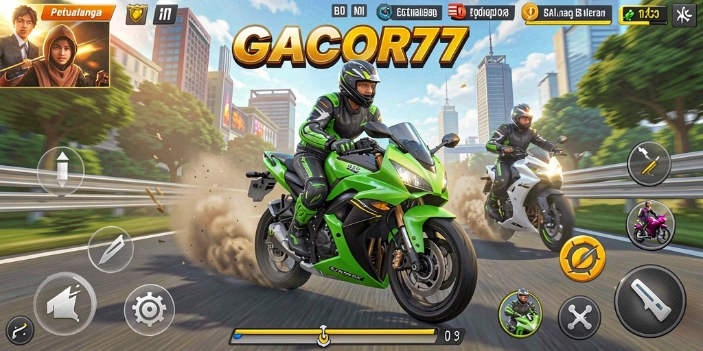 Screenshot gameplay GACOR77 menampilkan aksi balap motor yang intens.
