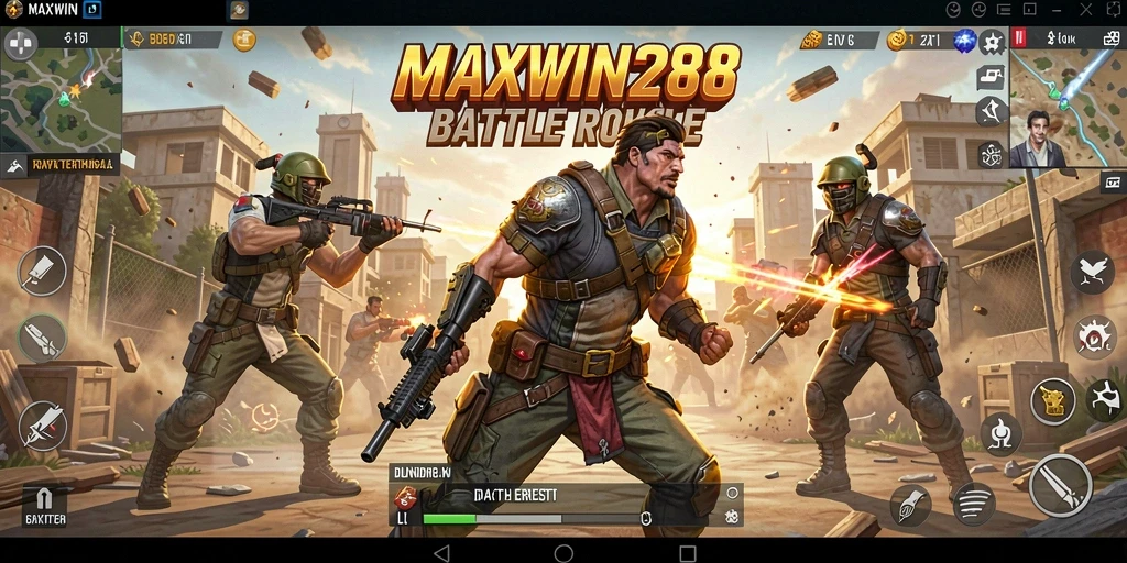 Tangkapan layar utama <strong>MAXWIN288</strong> menunjukkan aksi seru dalam pertarungan Battle Royale.