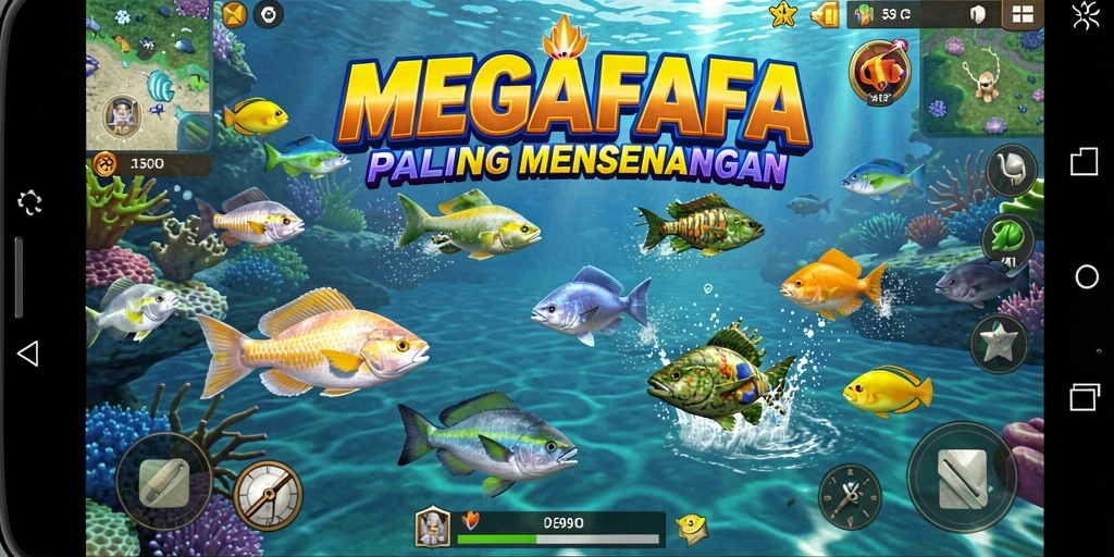 Tampilan gameplay seru dalam MEGAFAFA dengan berbagai ikan yang menanti untuk ditembak.