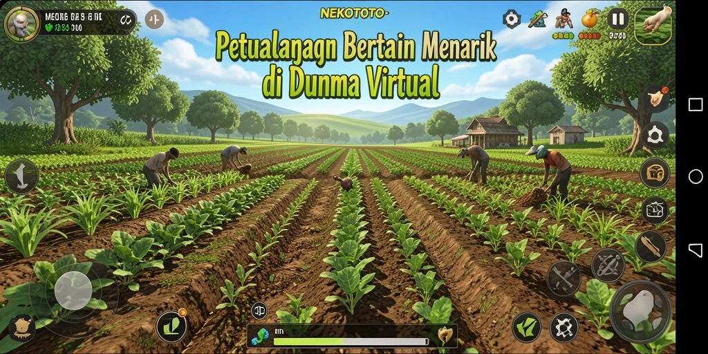 Screenshot NEKOTOTO menampilkan aktivitas bertani yang seru dan interaksi dengan karakter lucu.