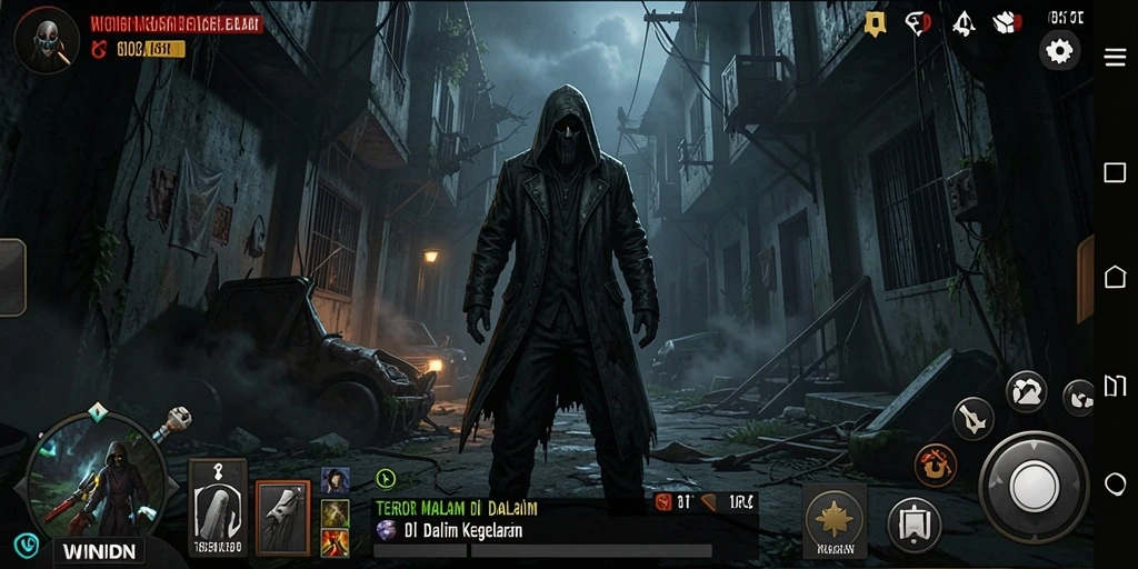 Tangkapan layar menampilkan gameplay seram WINIDN dengan suasana kegelapan yang mencekam.